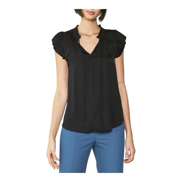 Anthropologie Current AIR Margot Blouse Top Medium Black Short Sleeve Ruffle - Picture 1 of 9